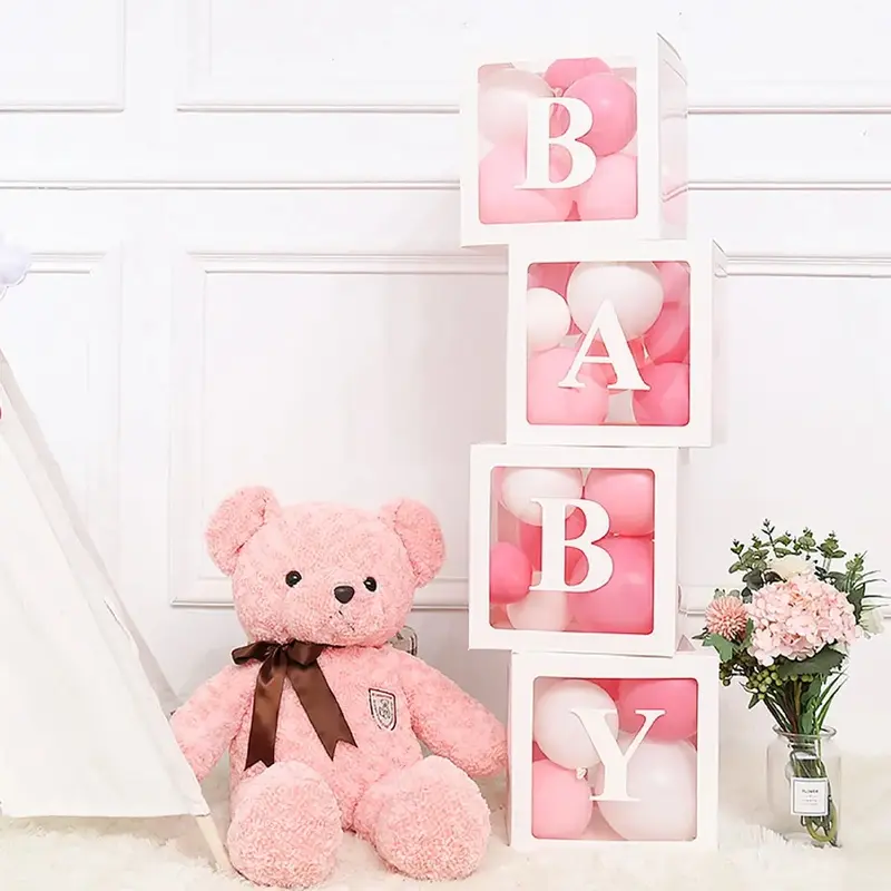 27cm Paper Balloon Boxes with 4 Pieces of Letters, White Clear Balloon Box Blocks for Gender Reveal Shower Decoration, Birthday Party Decor