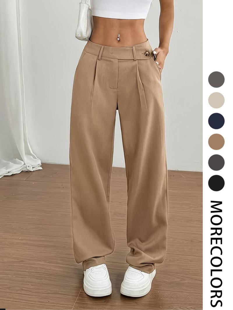 Women's Solid Color Straight Leg Pants, Casual Comfy Pocket Trousers for Daily Wear, Ladies Bottoms for All Seasons, Asymmetrical Waist Design Pants, Casual Chic Trousers