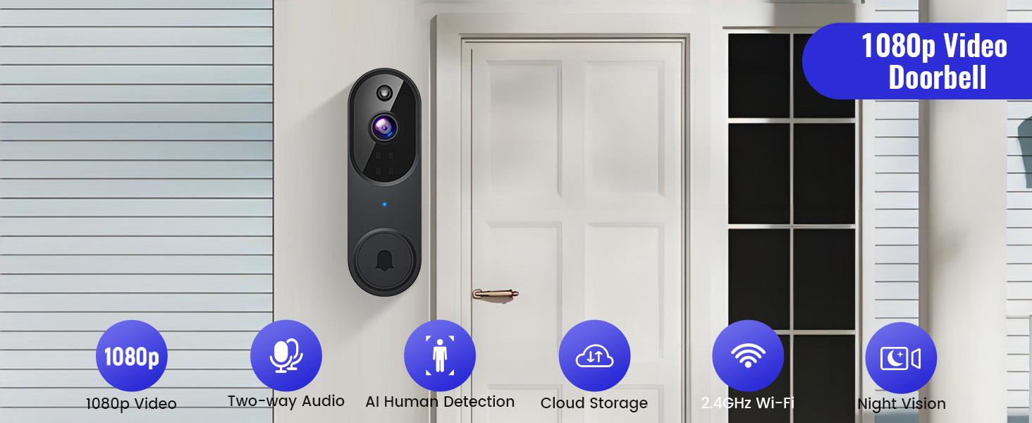 1080P Wireless Video Doorbell Camera, Night Vision, Cloud Storage (Sold Separately), 2.4GHz Wi-Fi Only, AI Human Detection, Real-Time Alert, 2-Way Audio, Battery