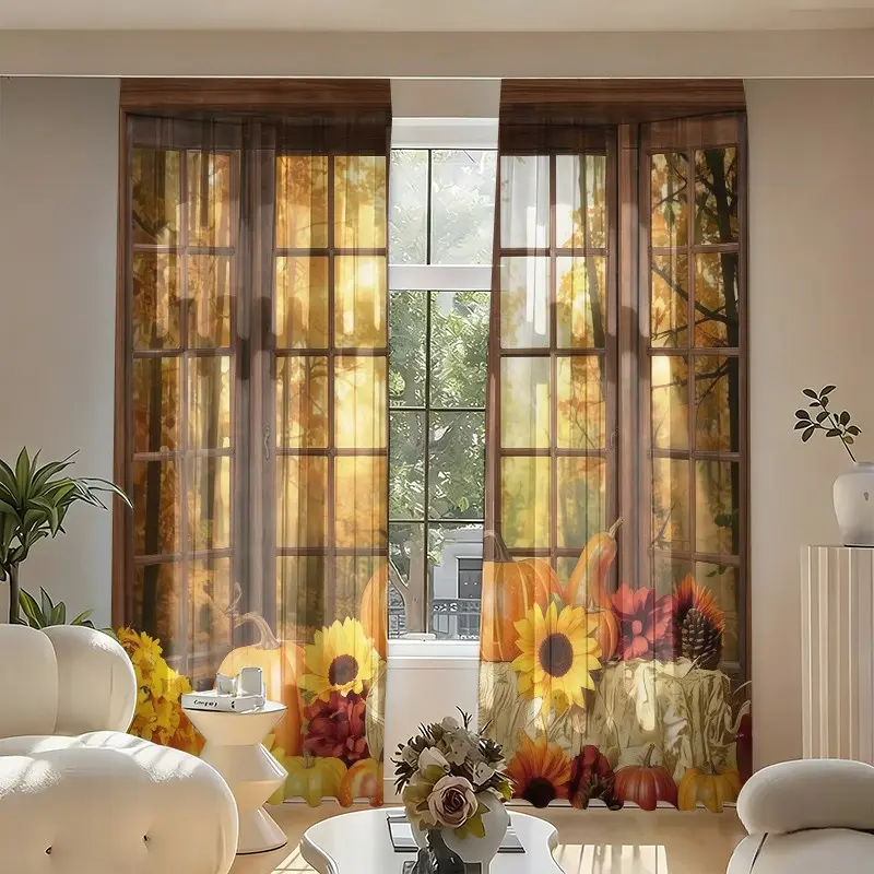 2D flat 2 pieces autumn pumpkin sunflower vintage wooden lattice printed filter curtain, easy to clean and wash, suitable for home decoration such as living room and dining room.