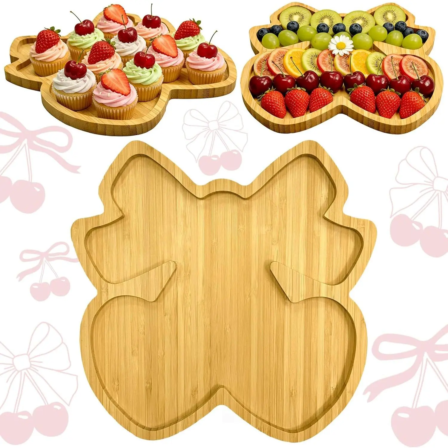 Cherry Charcuterie Board Bow Cherry  Top  Shower Party Decorations Wooden Cherries Bow Girl Birthday Party Supplies  Plate Cute Serving Tray  Platter for Snacks Fruits