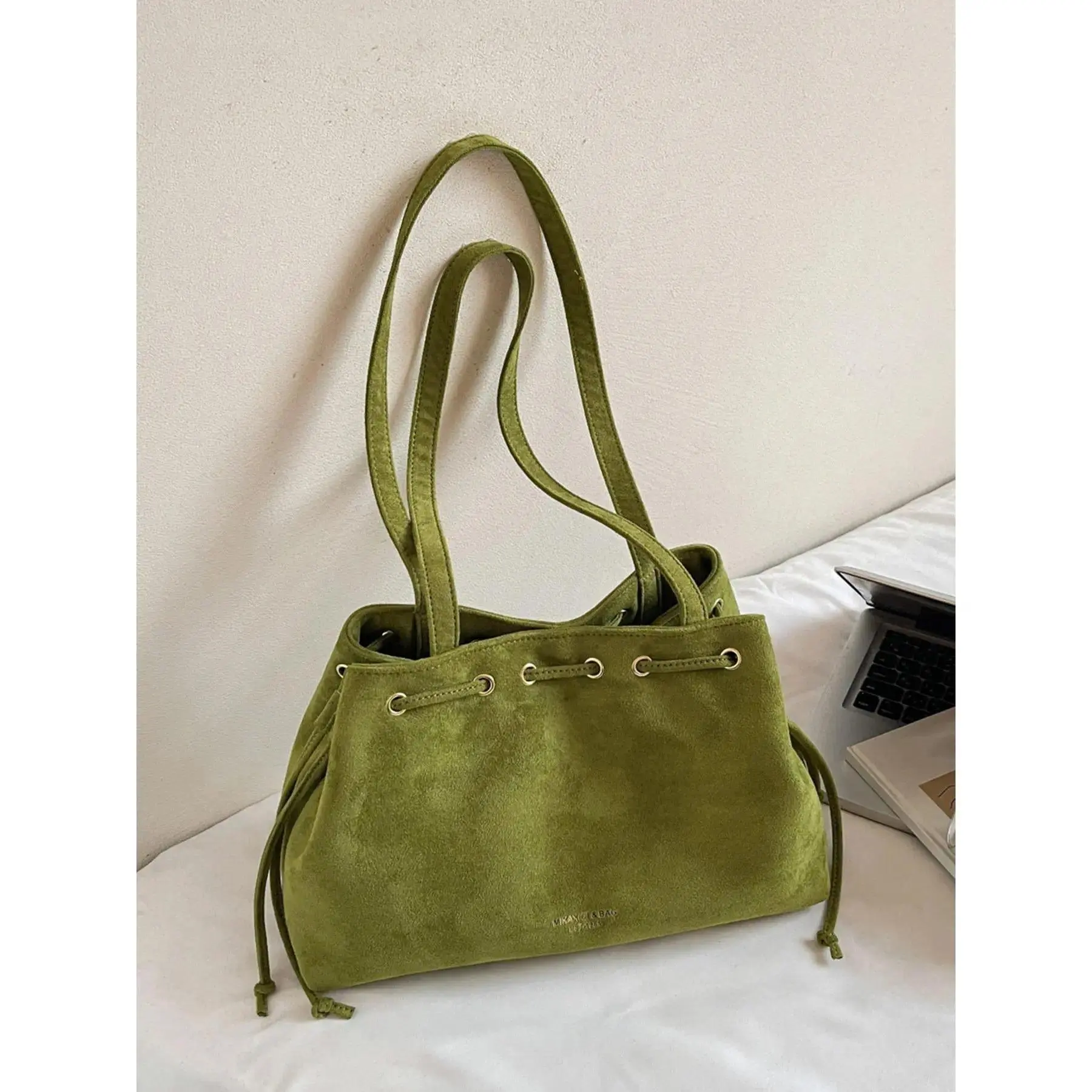 Minimalist Suede Shoulder Bag for Women, Soft Green Tote Handbag with Drawstring Detail, Spacious Everyday Purse, Casual Hobo Bag, Clean Girl Aesthetic Fashion Accessory, Vintage Inspired Carryall Bag for Work, School, Shopping and Daily Outfits