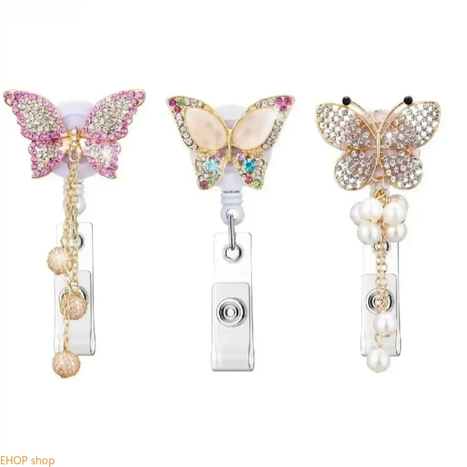 3pcs Rhinestone Butterfly Design Badge Holder Set, Premium Decorative Badge with 1 Count Retractable ID Badge Reel, Name Badge & ID Card Holder for Office Stationery & Supplies
