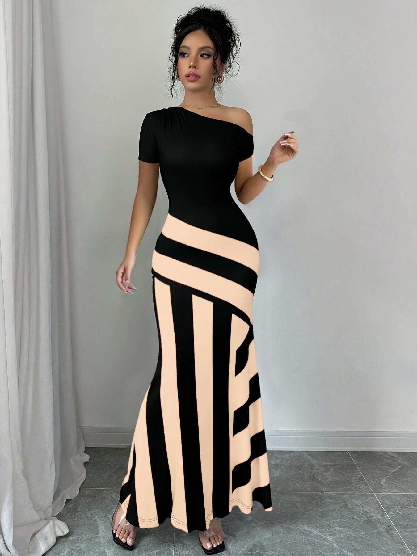 Women's Colorblock Striped Print Asymmetrical Neck Mermaid Dress, Elegant Fashion Casual Dress for Daily Outdoor Wear, Women Dress for Summer