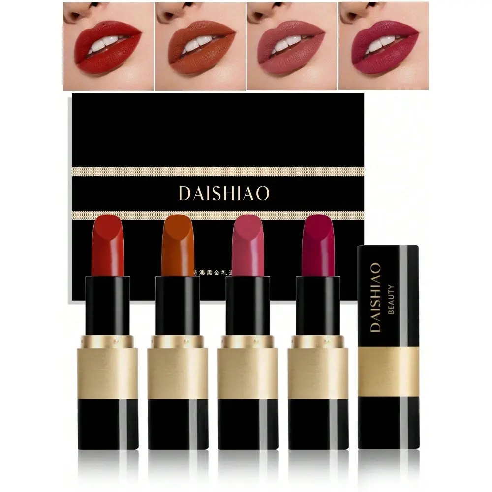 4-Piece Long-Lasting Matte Lipstick Set, Gold Valentine's Gift, Nude Shades, Lightweight Colorful, Non-Sticky Cream Matte Makeup Series