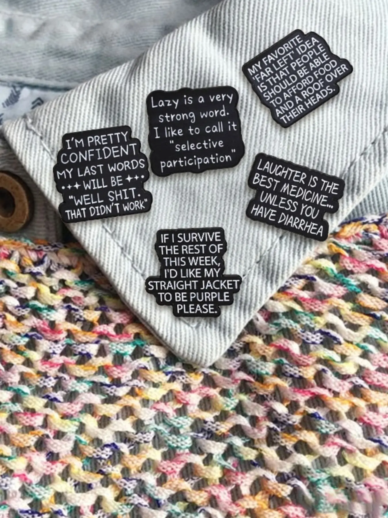 5PCS Sarcastic Self Deprecating Quote Text Enamel Pin Set,Lazy Selective Participation Enamel Pin Laughter Is The Best Medicine Unless You Have Diarrhea Brooch, Suitable for Backpacks, Jeans, Scarves, Hats Decoration, Fashion Brooch for Birthday Gift