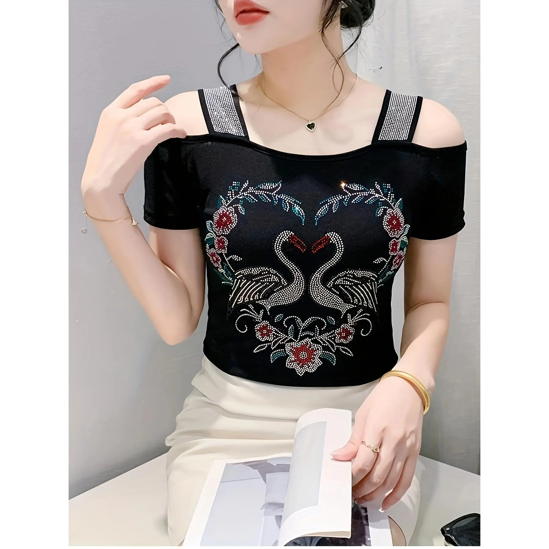 Women's Off Shoulder Blouse with Rhinestones, Sexy Solid Polyamide Mesh Knit Dolman Sleeve Summer Top