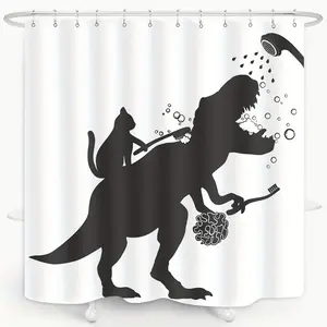 1/4PCS Funny Cat Help Dino Bathe Shower Curtain – T-Rex Silhouette Shadow, Black & White Design, Waterproof Polyester Fabric, 72"W x 72"L, Includes 12 Plastic Hooks, Perfect for Boys’ Bathroom