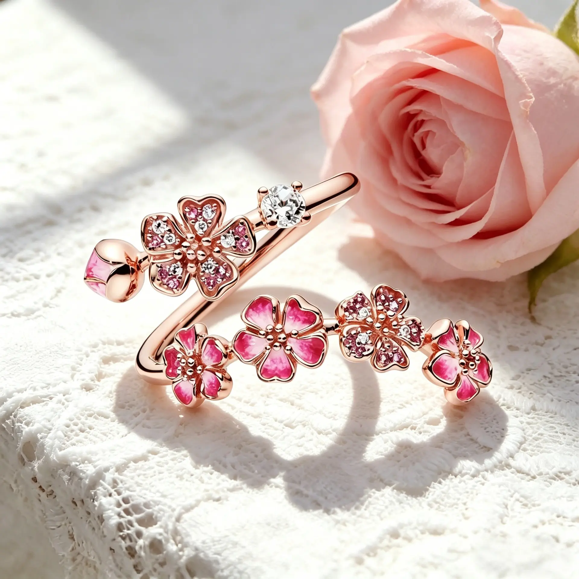 Ladies and girls pink cherry blossom wrapped ring, 14K rose gold plating, enamel inlaid cubic zirconia ring, romantic floral jewelry, anniversary, wedding, love token gift