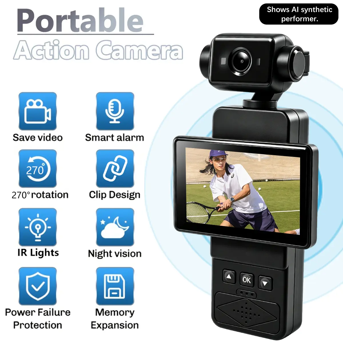 Action Camera， Sports Camera with 270° Rotatable Lens & 90° Adjustable Screen, Vlogging Camcorder Support Loop Recording & Night Vision for Outdoor Sports Hikking Running skilling cycling, Portable Vlogging Camera, Black