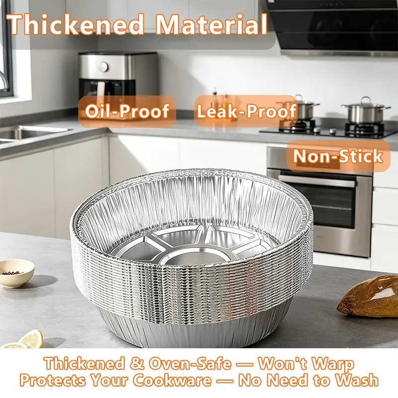 Disposable round aluminum foil baking pans, safe for freezing and oven use, suitable for storage, baking, meal prep and heating. They can be used for baking cakes or cooking, as well as for storage and meal preparation.