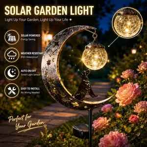 Solar Dog Lawn Light, Hollow Iron Art Design, Crushed Glass Ball, Auto Shut-Off, Outdoor Garden Decor, Festival Gift