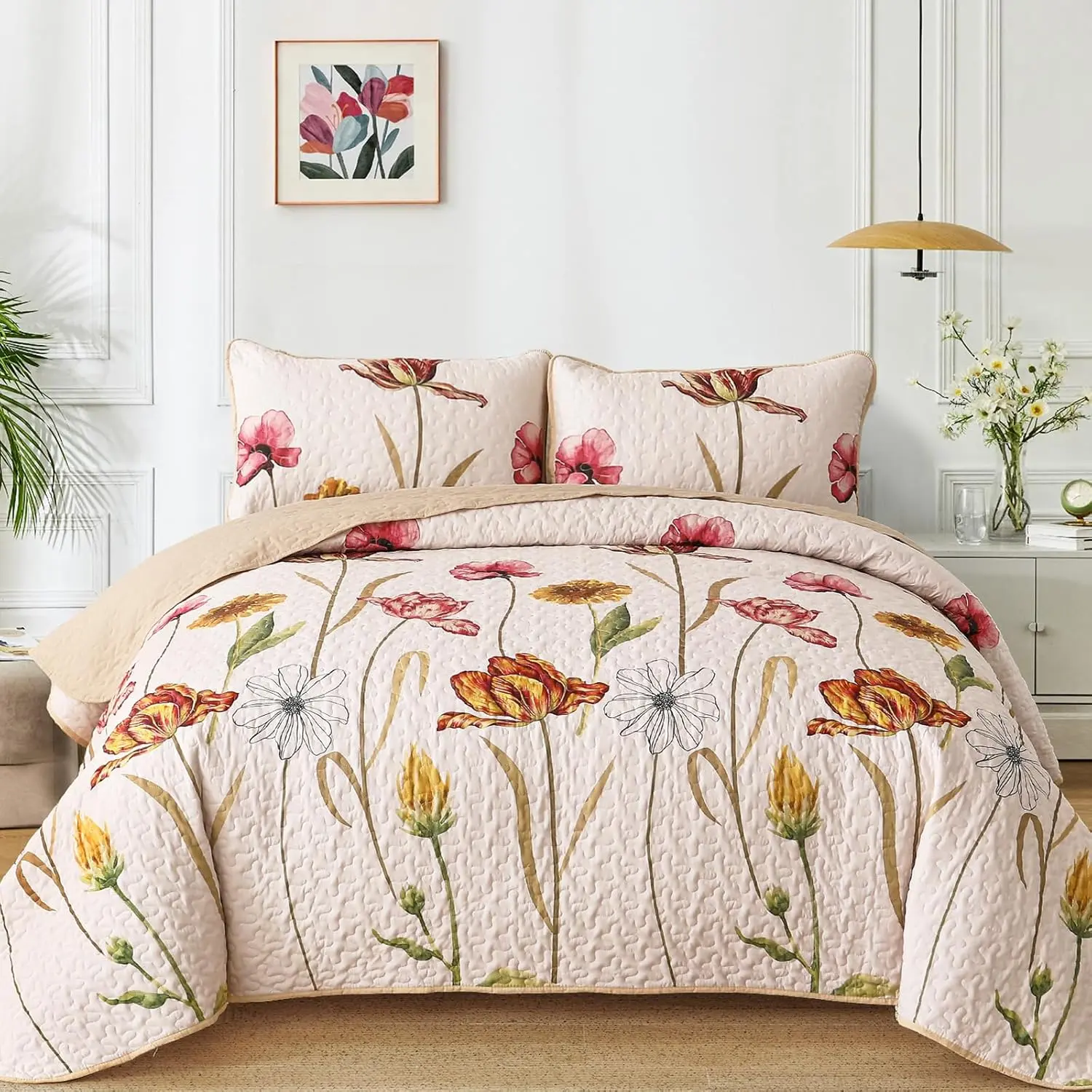 Set Queen Size, 3 Pieces Floral Bedspread Bedding Sets Soft Lightweight Microfiber Flower Pink Coverlet Set for All Season (96"x90")