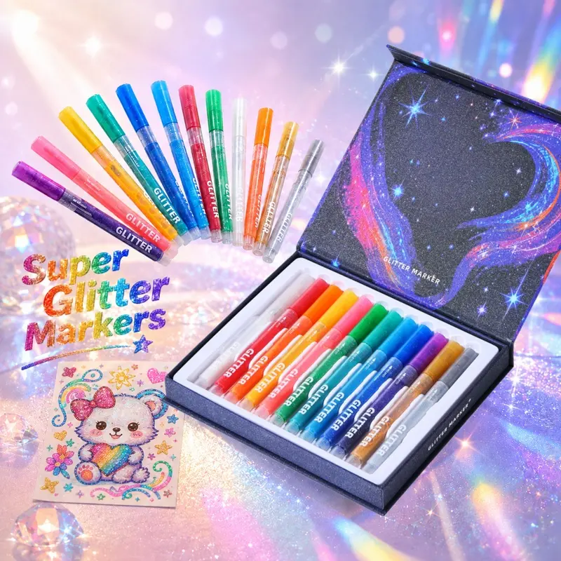 SiiMiiy Glitter Markers 12 Colors, Premium Sparkle Glitter Pens with Unique Shimmer Effect, Fine Tip Metallic Markers, Water-Based Ink for Artwork, Greeting Cards and Crafts, Arts and Crafts Supplies
