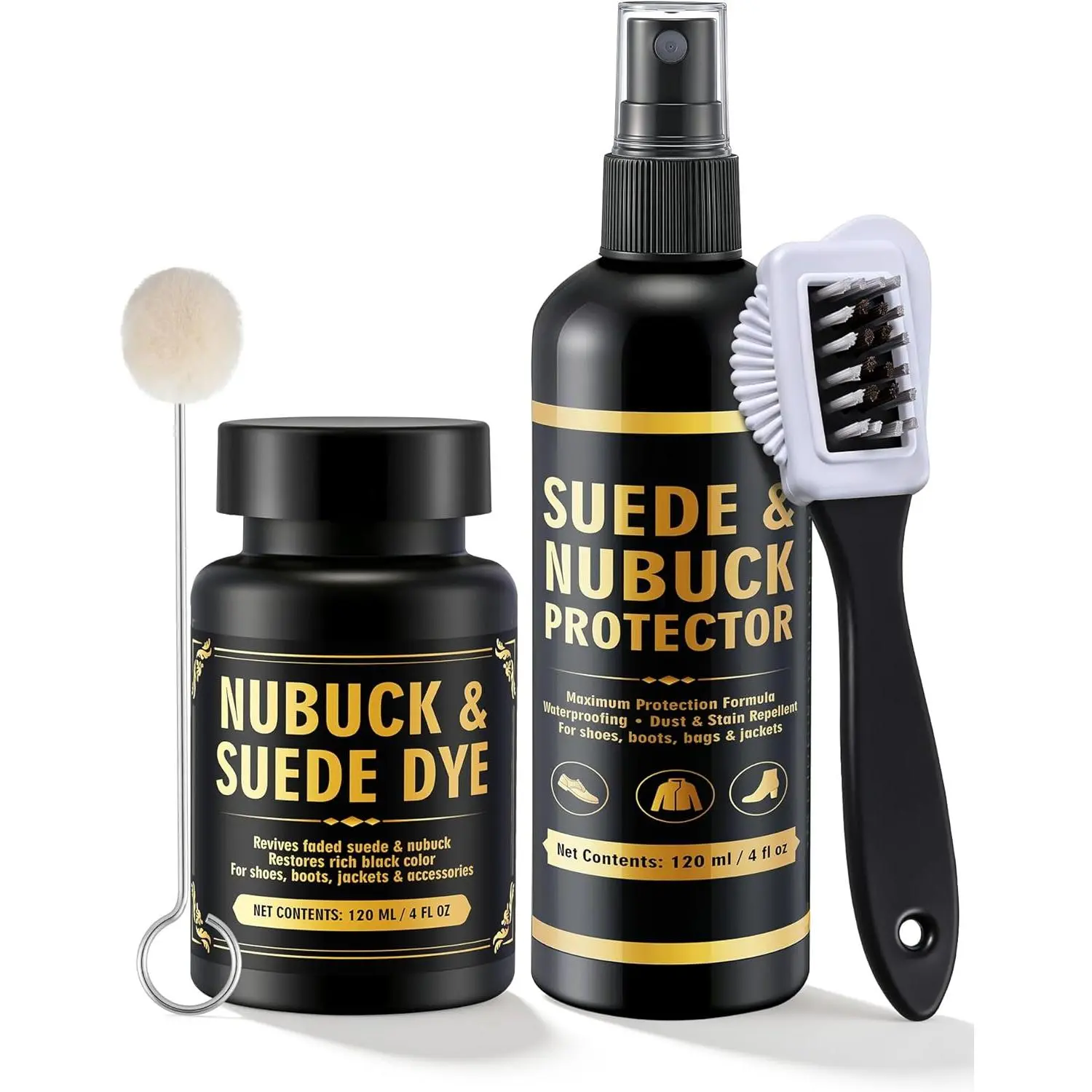 Black 8oz Suede & Nubuck Dye and Waterproofing  Kit, Restore Faded Color & Protect from Water, Oil & Stains