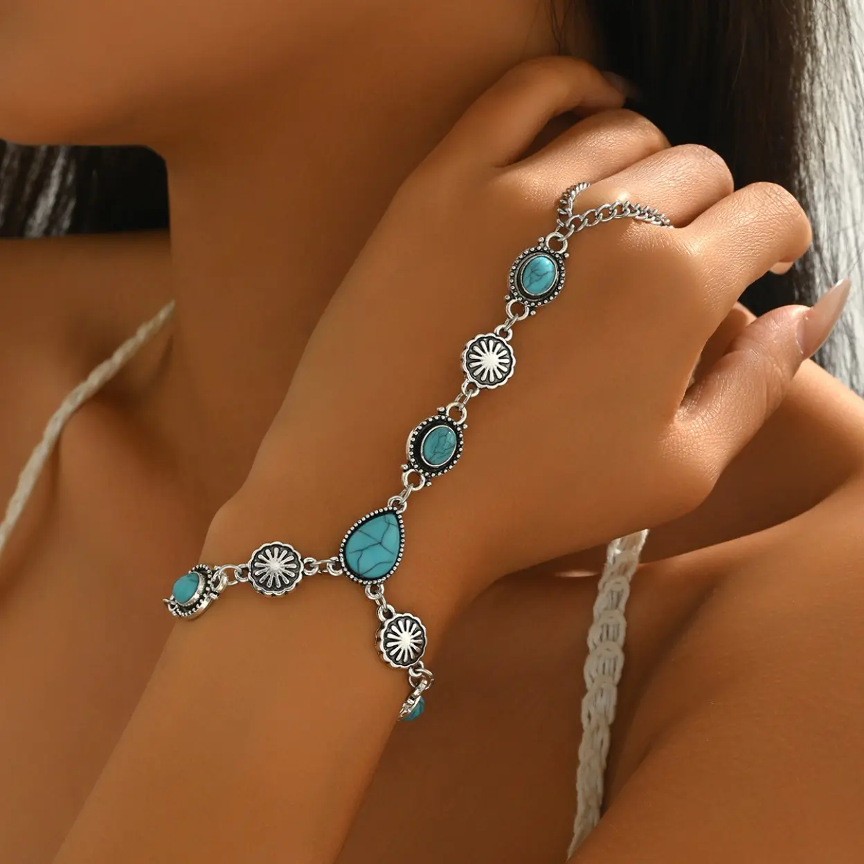 Women’s Ethnic Alloy Cuff Bracelet, Vintage Boho Statement Jewelry With Oval Faux Turquoise And Water‑Drop Charms, Stylish Arm‑Candy Accessory For Festivals, Beach And Daily Boho‑Inspired Outfits