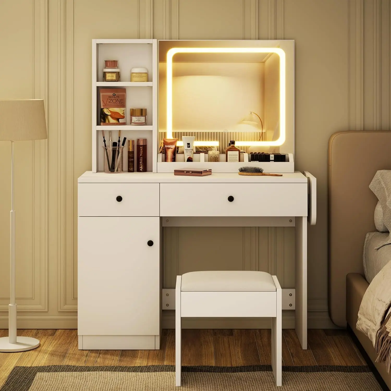 Lighted Vanity Desk with Charging Station – Large Storage Cabinet, 2 Drawers & 3 Shelves, 3 Adjustable Lighting Modes – Makeup Table for Bedroom