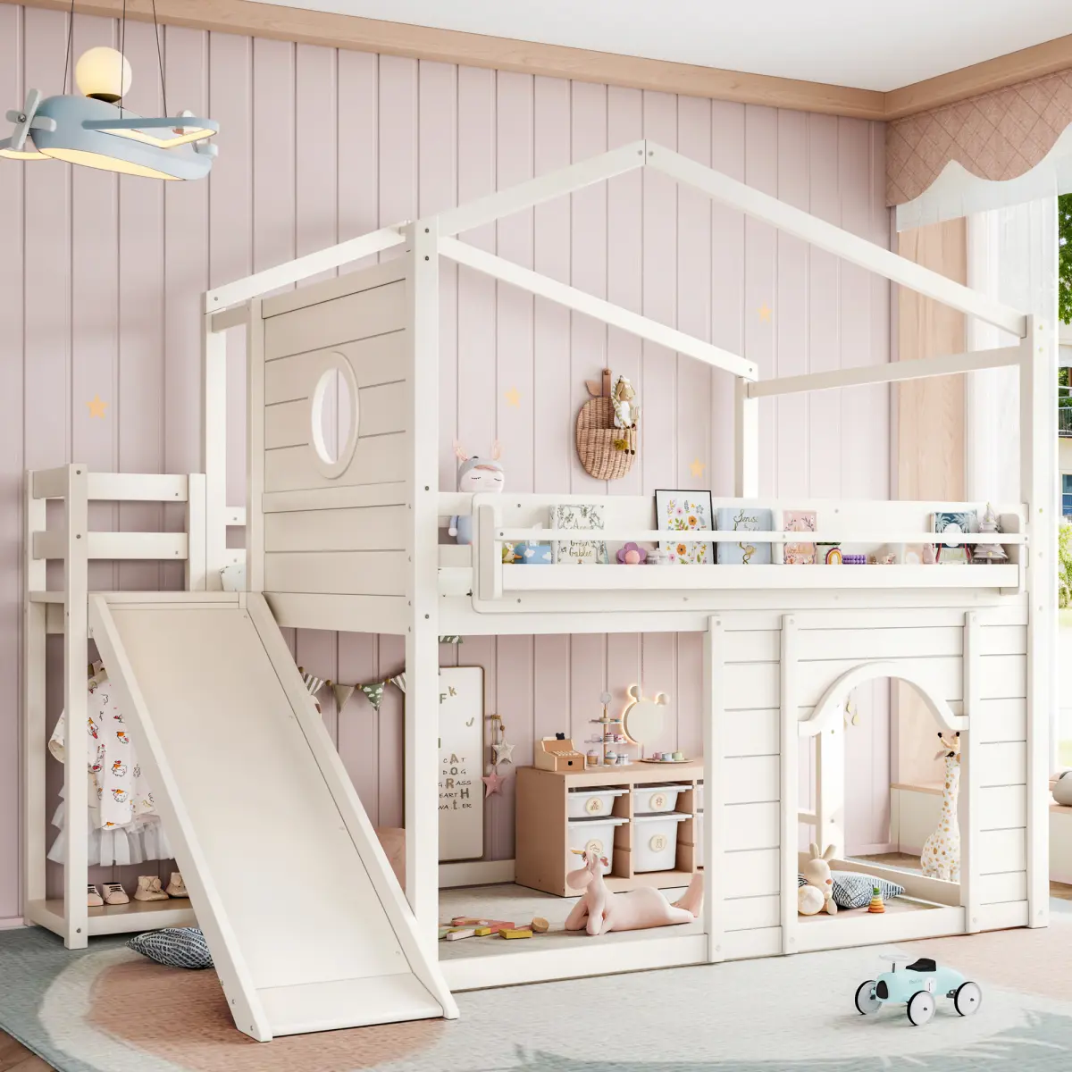 Full Size House Loft Bed with Slide, Bookshelves and Built-in Wardrobe, Wood Loft Bed Frame with Round Window and Arched Door, Beige