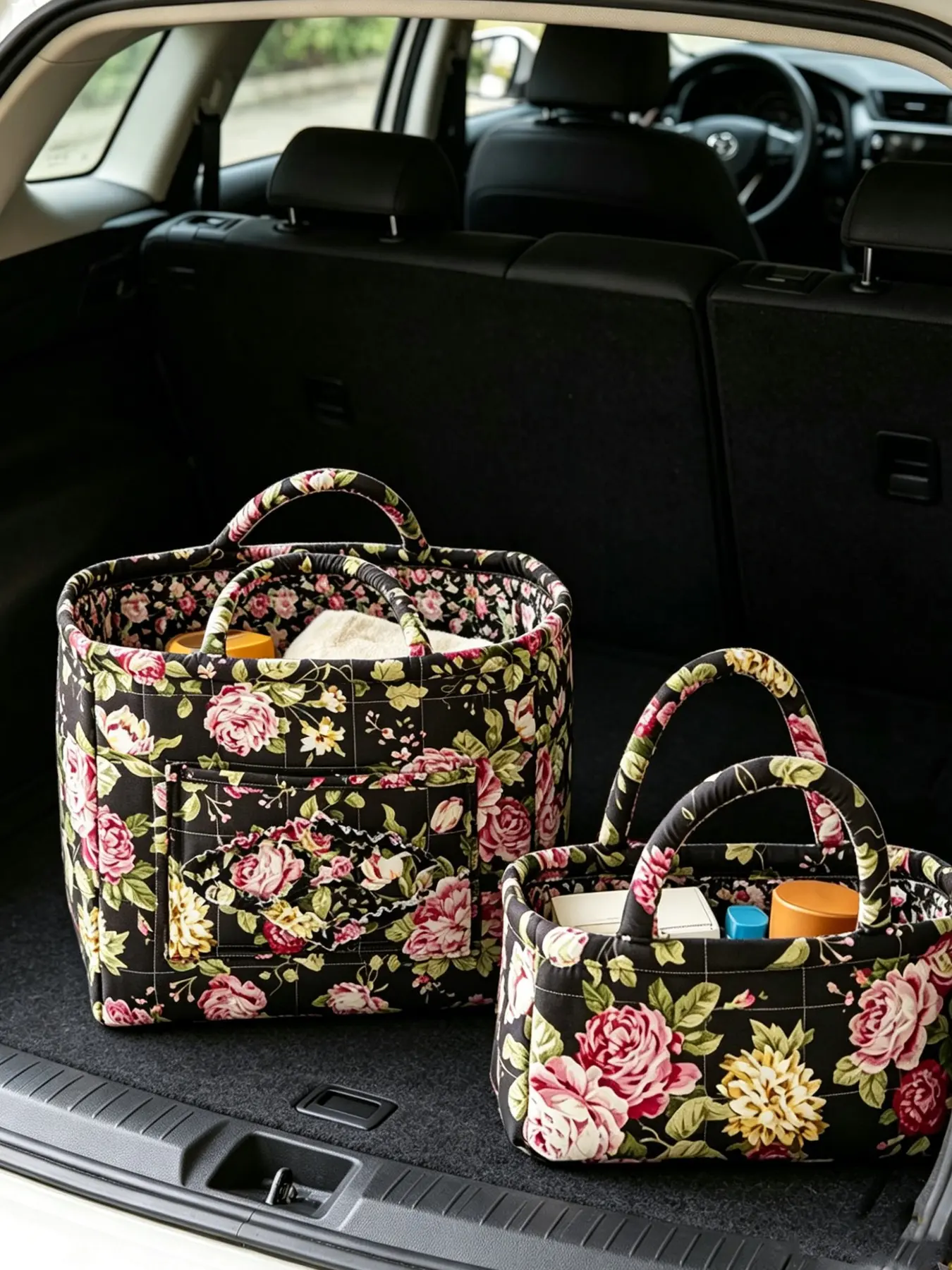 Vintage two-piece black rose floral quilted storage basket set, ruffle pocket handheld organizer for car and home multi-purpose storage