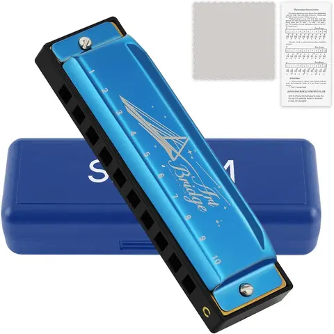 Harmonica for Adults Beginner Professionals Students Musicians,Diatonic Harmonica key of C 10 Holes 20 Tone,Mouth Organ Harmonica with Blue Case Bronze Reeds (Blue, 10 holes blues primary)