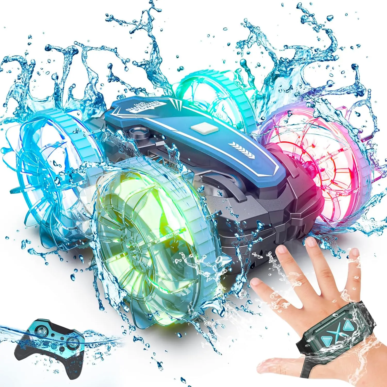 Amphibious Remote Control Car Boat, 4WD Gesture RC Car with Waterproof Remote Control, RC Stunt Car with LED Lights, Pool Toys  Kids Ages 8-12, Toys Gifts  Boys Girls
