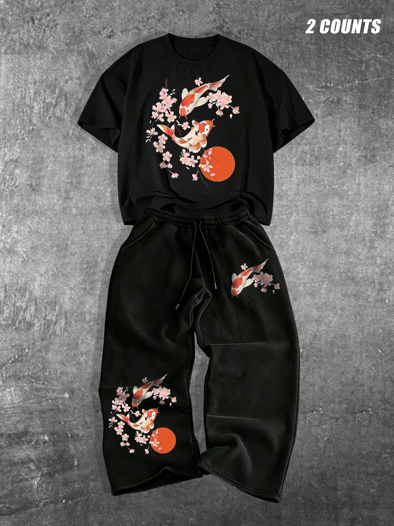 Men Matching Tracksuit Co-Ord Set, Two Piece Set, Crew Neck Short Sleeve Tee & Drawstring Wide Leg Sweatpants, Oriental Koi Fish Graphic Print Loose Japanese Harajuku Streetwear Outfit #JapaneseMatchingSet #KoiFishPrint #HarajukuStreetwear #OrientalGr