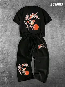 Men Matching Tracksuit Co-Ord Set, Crew Neck Short Sleeve Tee & Drawstring Wide Leg Sweatpants, Oriental Koi Fish Cherry Blossom Sun Graphic Print Loose Japanese Harajuku Streetwear Outfit #JapaneseMatchingSet #KoiFishPrint #HarajukuStreetwear #OrientalGr