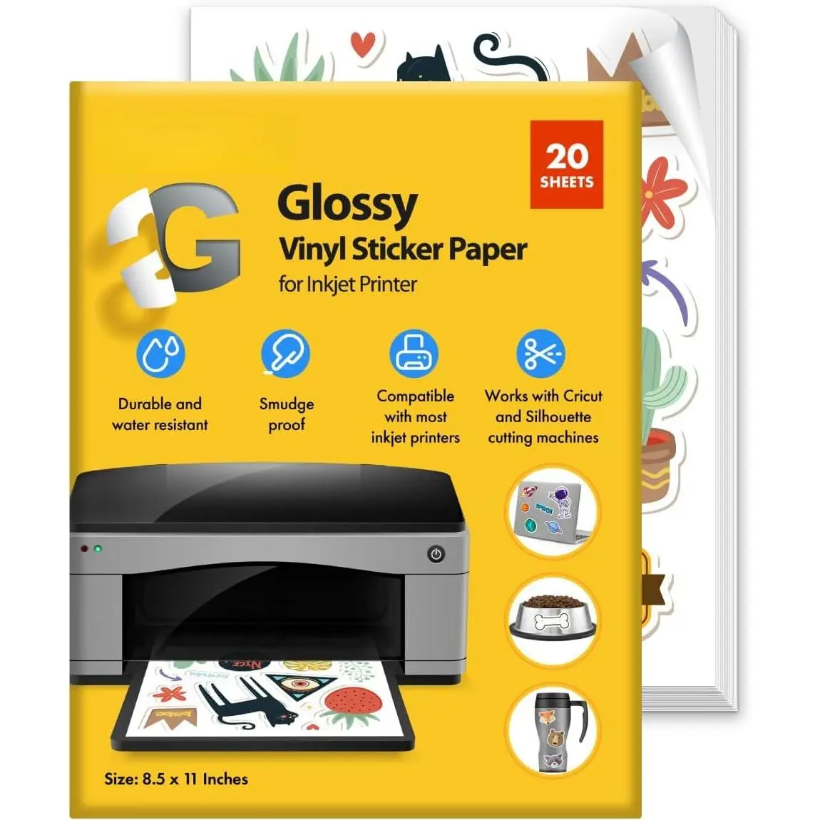 Printable Vinyl Sticker Paper for Inkjet Printer - Self Adhesive Glossy  Sticker Paper - 20 Sheets 8.5x11 - Easy Cut & Peel,  Sticker Printer Paper for Crafts, Labels,