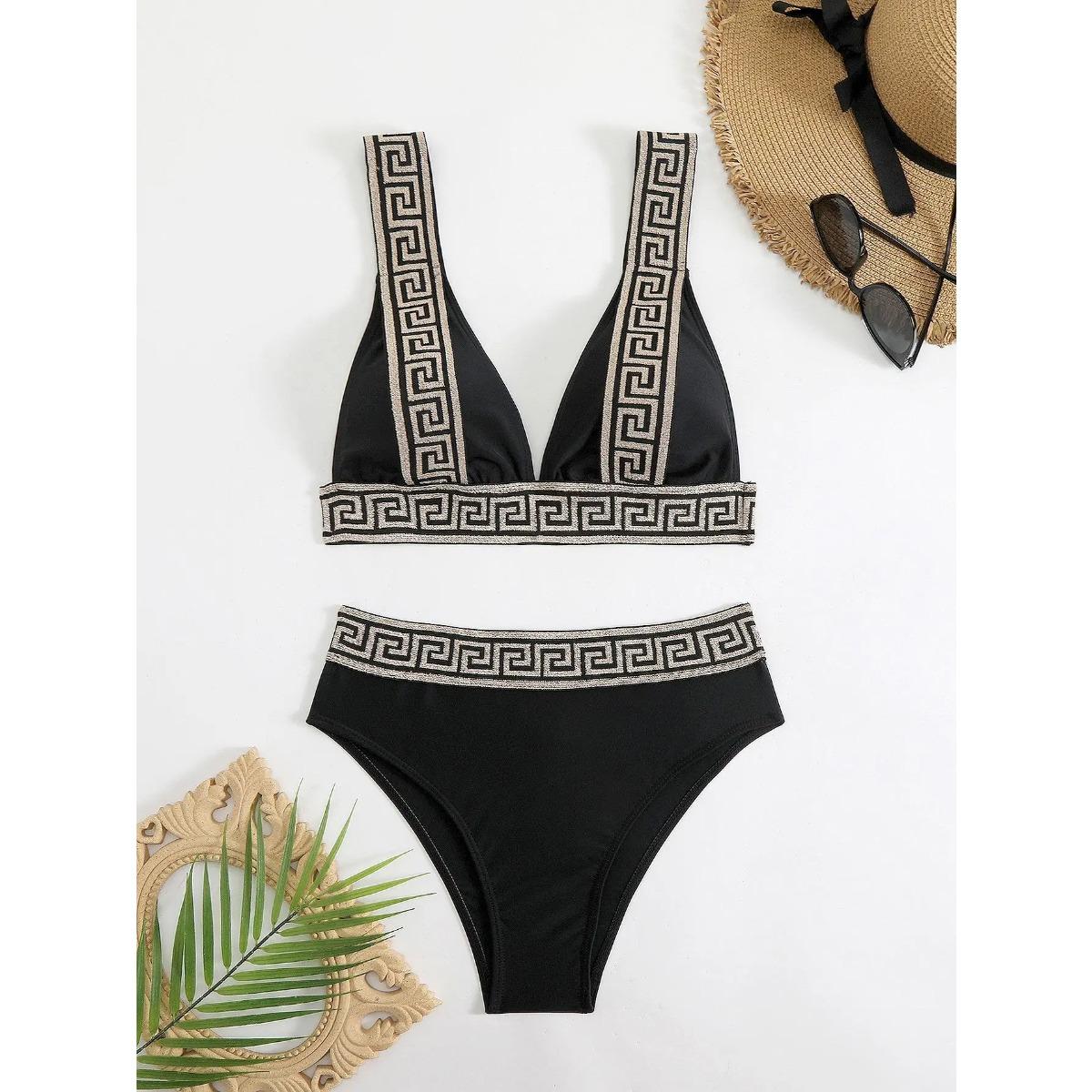2026 New High-waisted Triangle Bag Bikini, Fashionable and Sexy Solid Color Webbing Beach Swimsuit,Black Gold Greek Key Print Two Piece Bikini Set for Women, Triangle Push Up High Waist Swimsuit 2026 New High-waisted Triangle Bag Bikini, Fashionable and Sexy Solid Color Webbing Beach Swimsuit,Black Gold Greek Key Print Two Piece Bikini Set for Women, Triangle Push Up High Waist Swimsuit