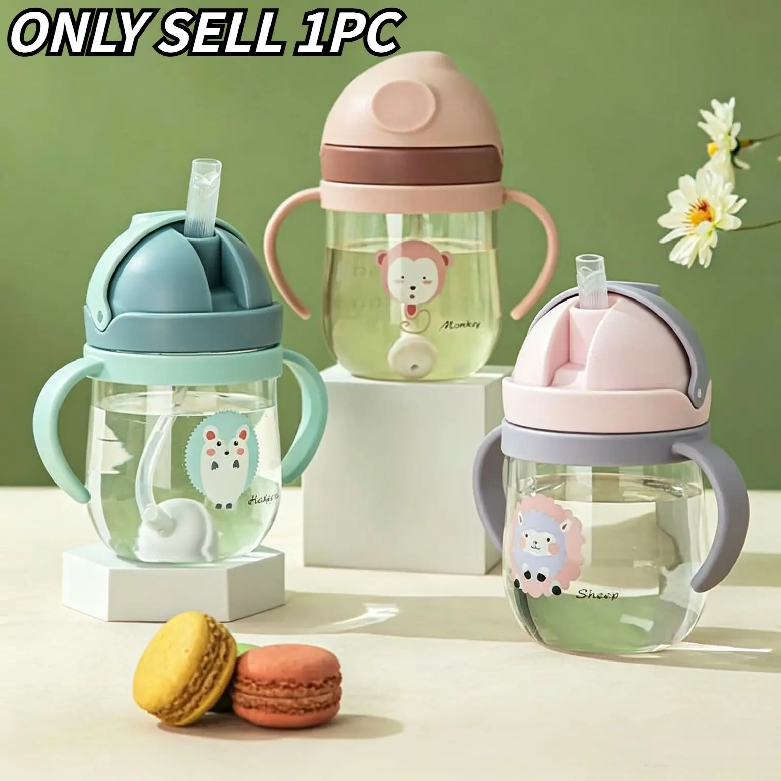 Cartoon Monkey Hedgehog Lamb Baby Sippy Cup 250ML, Anti-Choking Leak-Proof Straw Cup, Food Grade Plastic, Ideal for Kids' Parties & Outdoor Activities