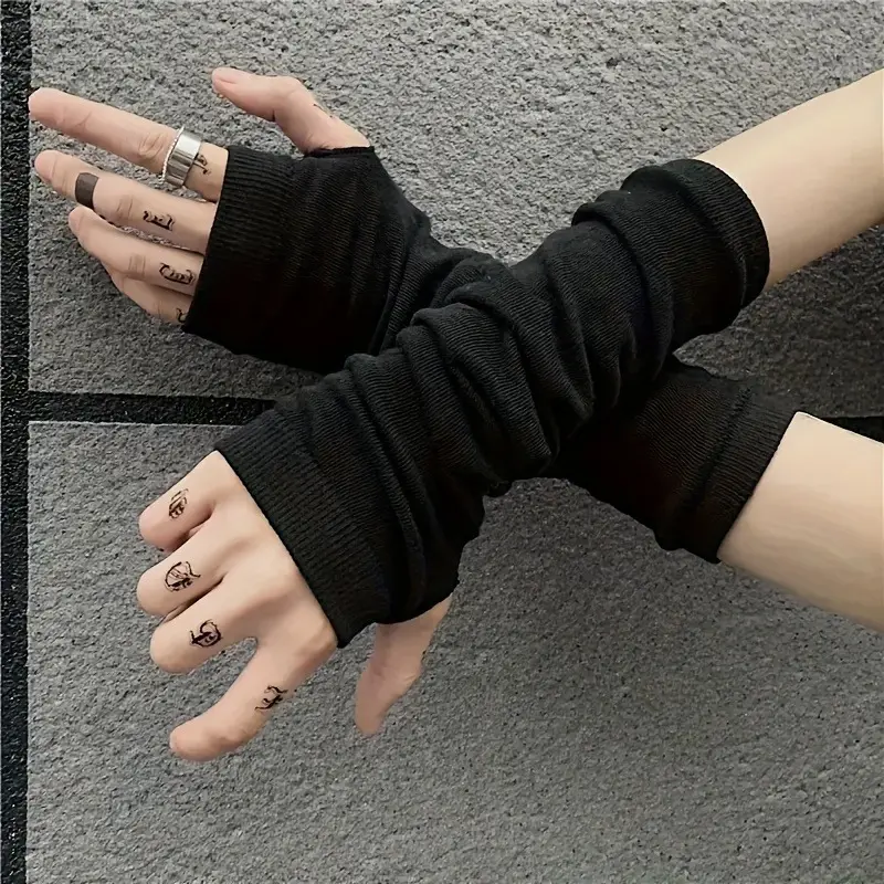 1pair Black Hippie Style Fingerless Gloves, Wrist Gloves, Suitable For Summer Outdoor Activities And Street Dance