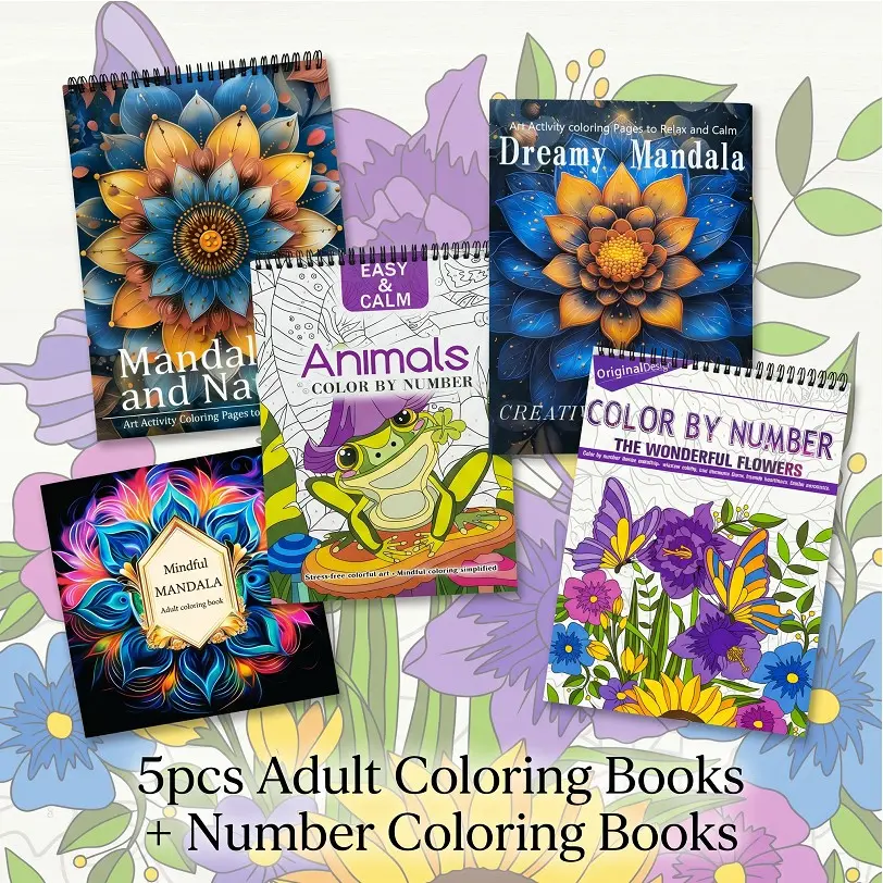 5 Pcs Adult Coloring Books, Coloring Book Set, Mandala Floral Nature, Animal & Flower Designs, Thick No Bleed Paper, Stress Relief Gift for Adults