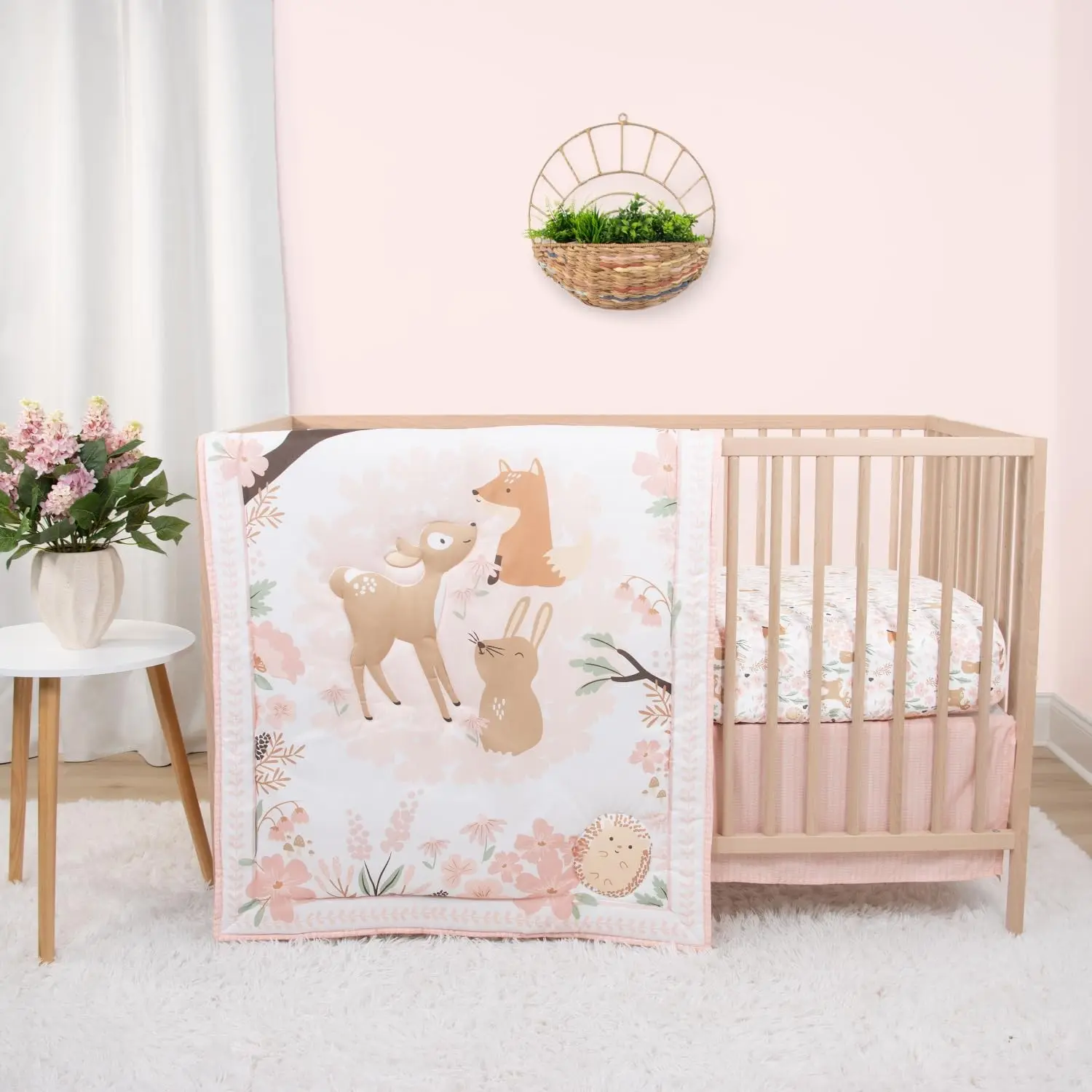 3 Piece Baby Crib Bedding Set for Girls - Newborn, Infant & Toddler Nursery Bed Set Decor with Fitted Crib Sheet, Dust Ruffle Comforter - Fairytale Forest