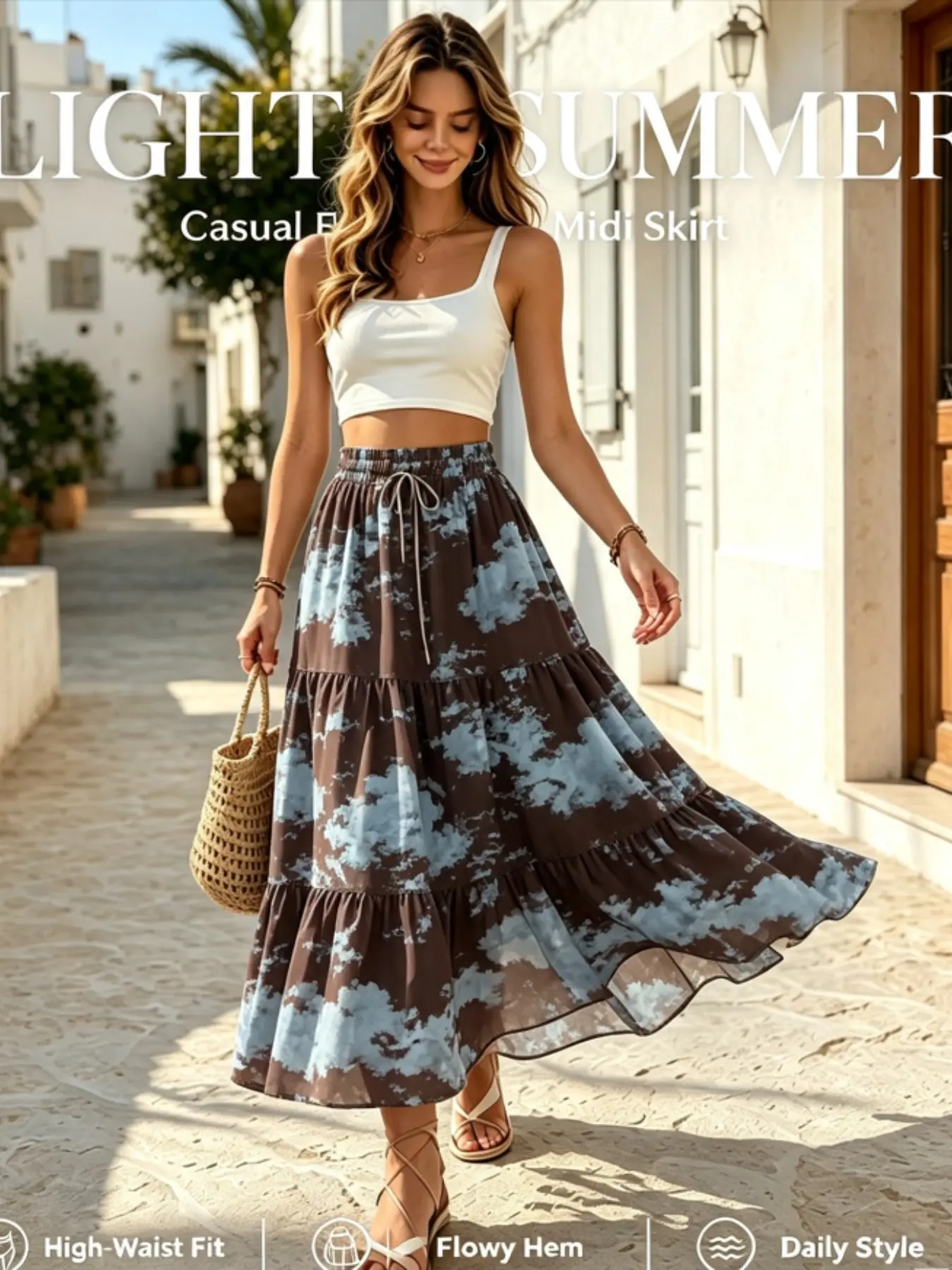 Vintage Jungle Ink Long Skirt, Loose Fit Skirt, Elastic High Waist Design, Lightweight Breathable, Hides Hip Fat, Slimming Effect, Elegant A-Line Dress