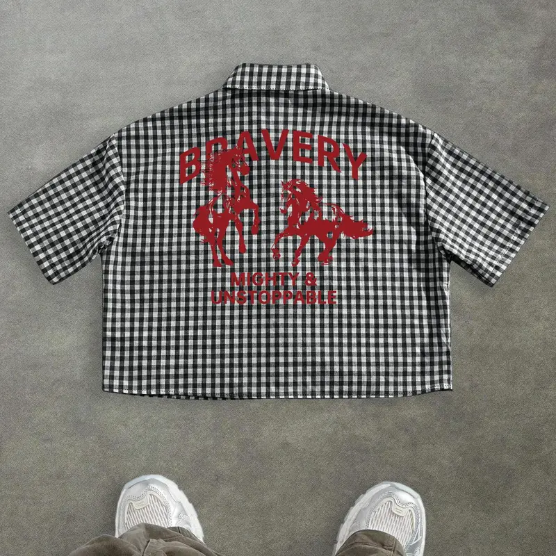 Men's Regular Fit Horse & Plaid Print Short Sleeve Casual Trendy Shirt, Casual Graphic Shirt, Casual Button Collared Retro Comfy Top for Summer, Fashion Men's Top for Daily Wear, Button Front Shirt