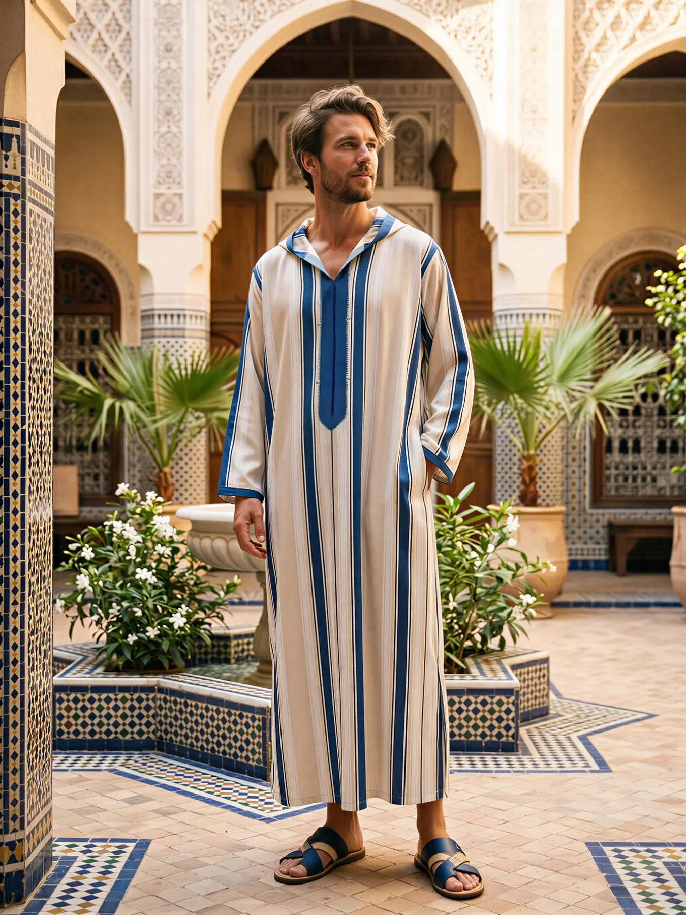 Men's Moroccan Traditional Long Robe, Casual, Loose Fit Jubba, Blue Striped Hooded Robe, Eid Al Fitr Gift, Ramadan Festival Attire, Arab Clothing