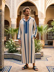 Men's Moroccan Traditional Long Robe, Blue Striped Hooded Robe, Eid Al Fitr Gift, Ramadan Festival Attire, Arab Clothing