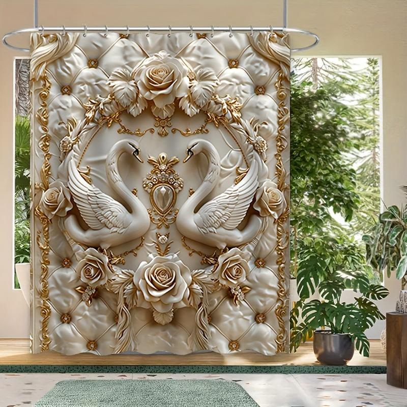Swan Embossed Shower Curtain Set, 1 Count Waterproof Shower Curtain/4 Counts Set Including Waterproof Shower Curtain, Non-slip Floor Mat, Toilet Seat Cover & Bathroom Mat with 12 Hooks, Showercurtain, Bathroom Decoration Accessories