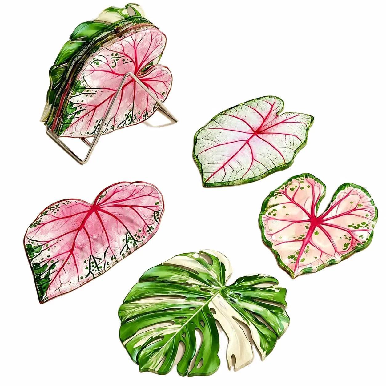 4pc Acrylic Plastic Kitchen Coasters Tableware Set - Waterproof, Heat-Resistant, Lightweight Reusable Drink Mats with Modern Tropical Botanical Leaf Design for Home, Office Use