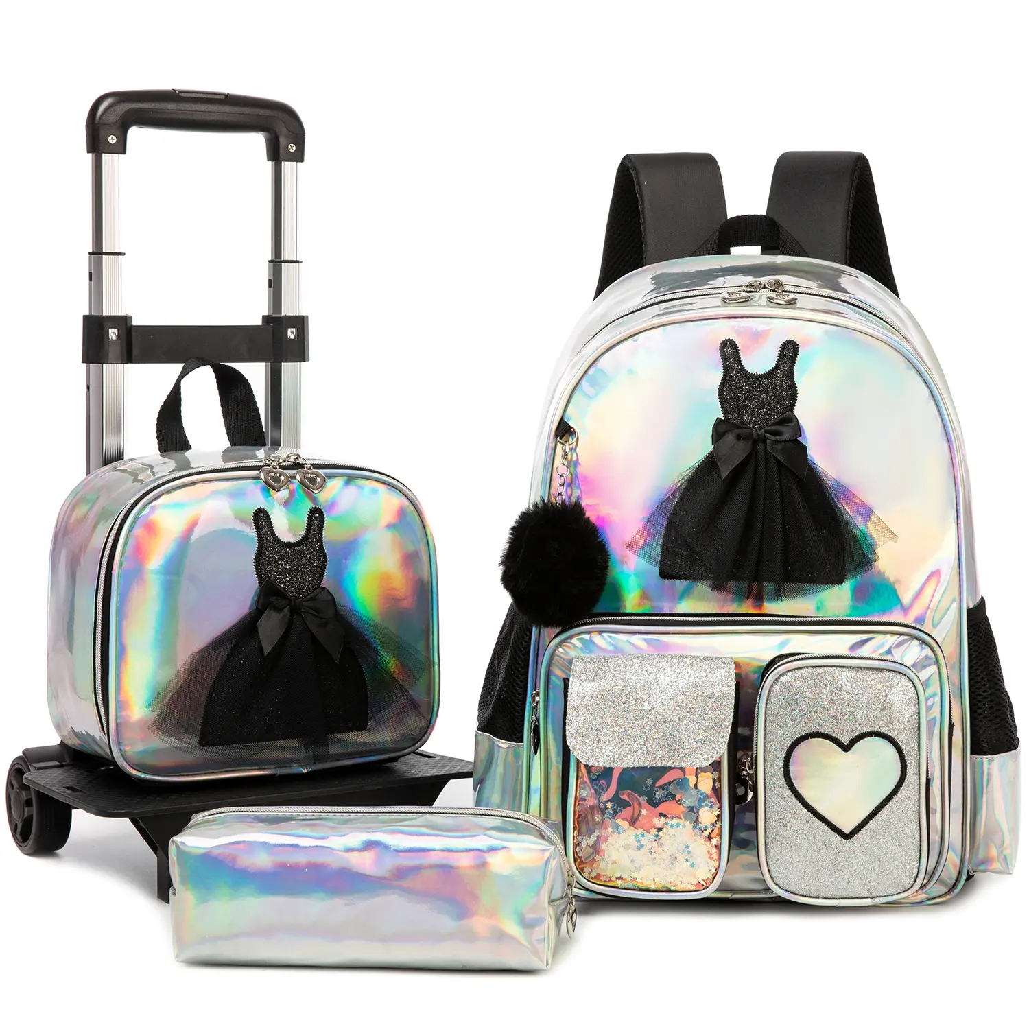 3-Piece Girls Silver Holographic Rolling Backpack Set | Cute Sequin Princess Dress Schoolbag with Liquid Shaker Pocket, Pom Pom, Insulated Lunch Bag & Pencil Case | Bling Wheeled Trolley Bookbag for Tween
