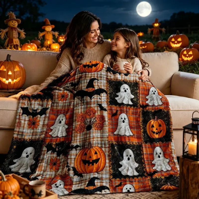 Vintage Country Plaid Halloween Throw Blanket, Cute Ghost Pumpkin Bat Witch Hat, Super Cozy Lightweight Flannel, All Season Warm Cover, Home Decor Blankets