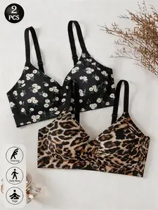 2pcs Women's Seamless Bra, Jelly Gel Push-Up Underwire-Free Lingerie, All-Over Print Design, Slim Fit, Max Support, Casual Style