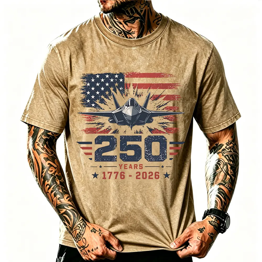 Vintage Washed "250 Years 1776-2026" T-Shirt, USA Fighter Jet American Flag Patriotic Graphic Tee, 4th Of July Unisex Oversized Streetwear Top Casual Tshirt Cotton