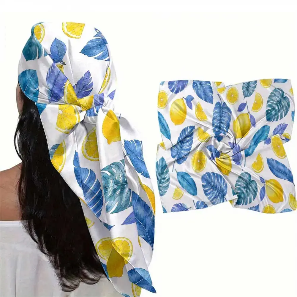 [Summervibes]Tropical Lemon Leaf Print Pre-Tied Head Scarf, Silky Satin Headwrap, Non-Slip Knotted Turban Bandana, Stylish Adjustable Hair Cover for Women Summer Vacation Daily Hairstyle & Bad Hair Day
