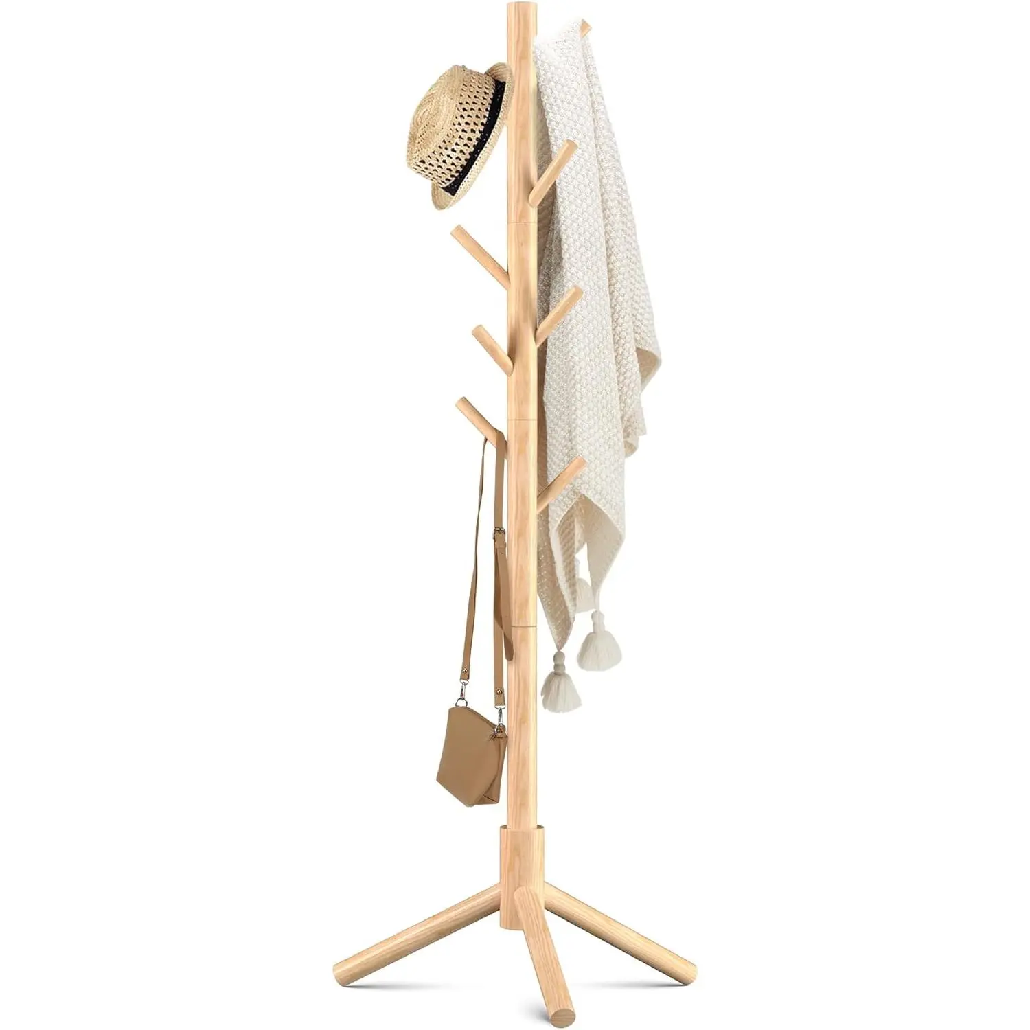 Wooden Coat Rack Stand with 8 Hooks New Zealand Pine 3 Adjustable Coat Standing Tree Easy Assembly for Coats, Hats, Scarves and Handbags for Entryway, Hallway, Bedroom, Office