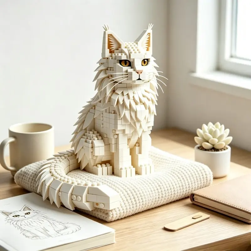 White Longhair Maine Coon Building Blocks Animals, Fluffy Cat Pet Model, Display Model, creative blocks, skills kits, desktop figurines, Birthday Holiday Gift for Adults 14+, Back to School Pet Table Decor
