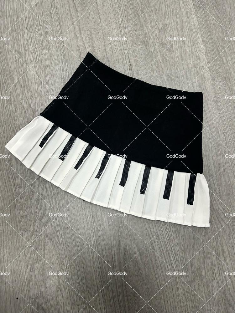 Spring Black White Spliced Women Short Skirt 2025 Y2k Slim Design Harajuku Mini Skirt Female Empire Korea Style Chic Piano Skirt