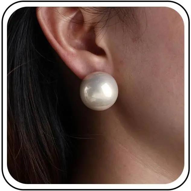 Women's Large Size Synthetic Beaded Stud Earrings, Oversize White Round Ball Bridal Wedding Costume Jewelry