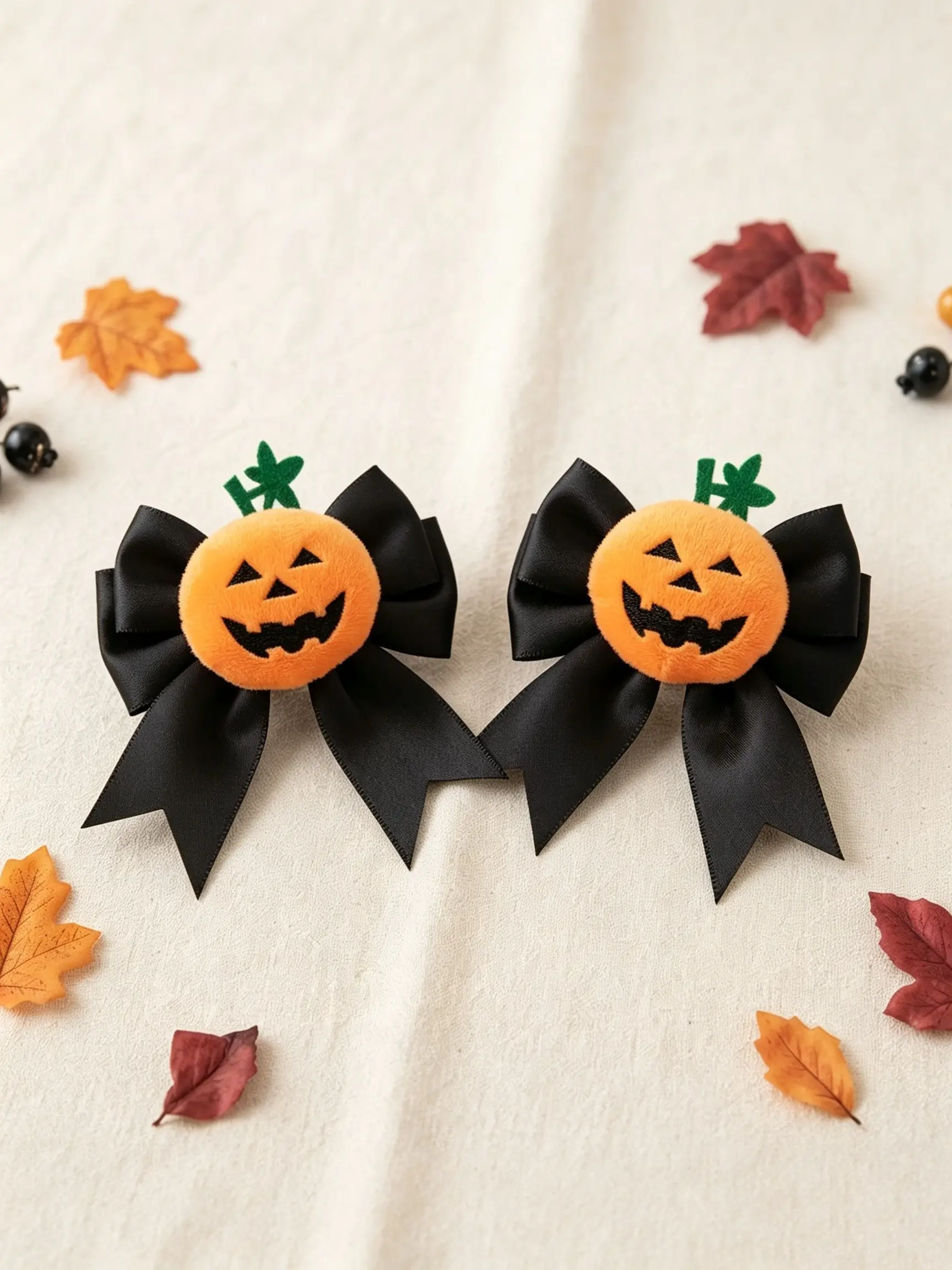 Halloween Plush Pumpkin Bow Hair Clips, Satin Jack O' Lantern Hair Clips, Cute Spooky Fall Accessories, Girls Halloween Party, Role Play