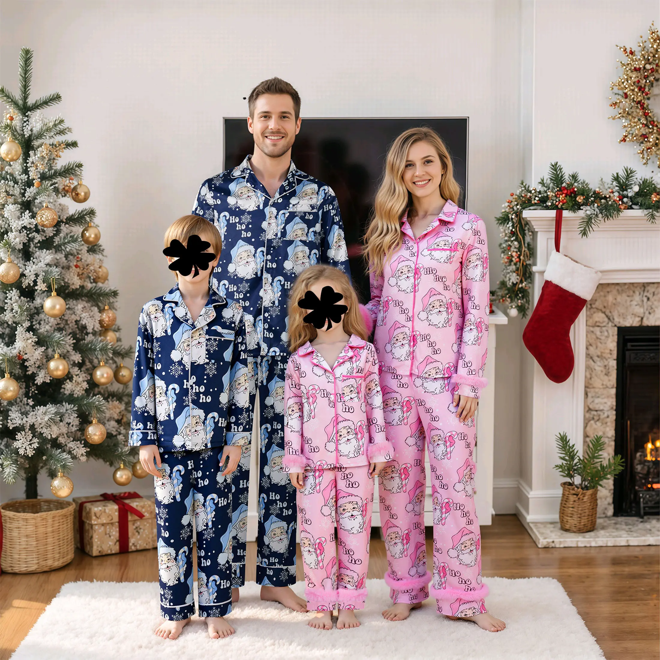 Family Matching Christmas Pajamas Set, Santa Ho Ho Ho Print Satin Sleepwear, Mom Dad Kids Matching Holiday PJs Xmas Family Outfit